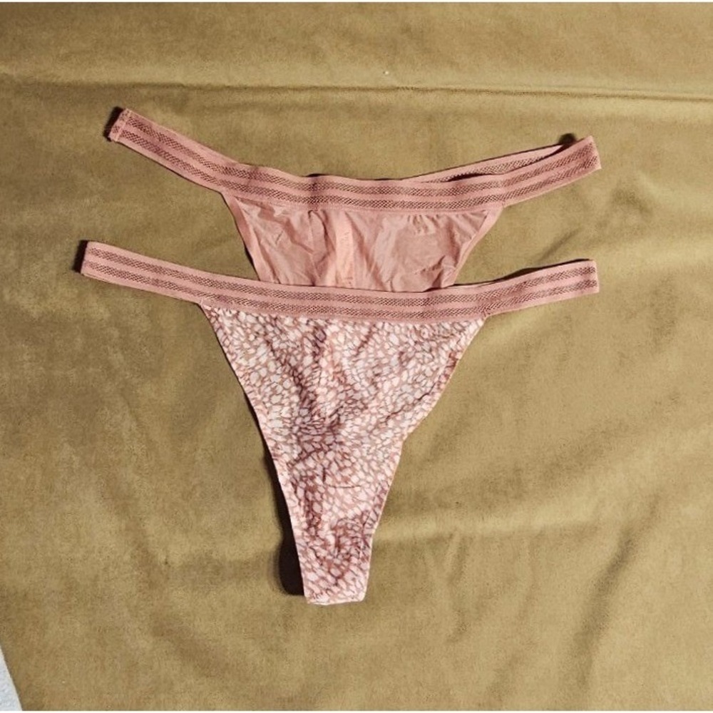 Victorias Secret Thong Panty Set XL Brown Mauve Animal Print Fishnet Trim 2 Pack